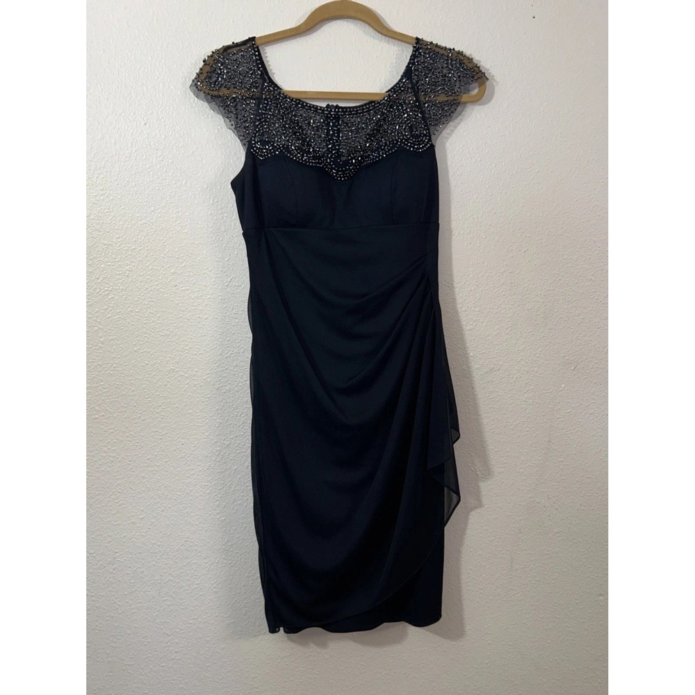 Cache Cocktail Dress Women's 6 Navy Lace Beaded Sleeves & Neckline Classy